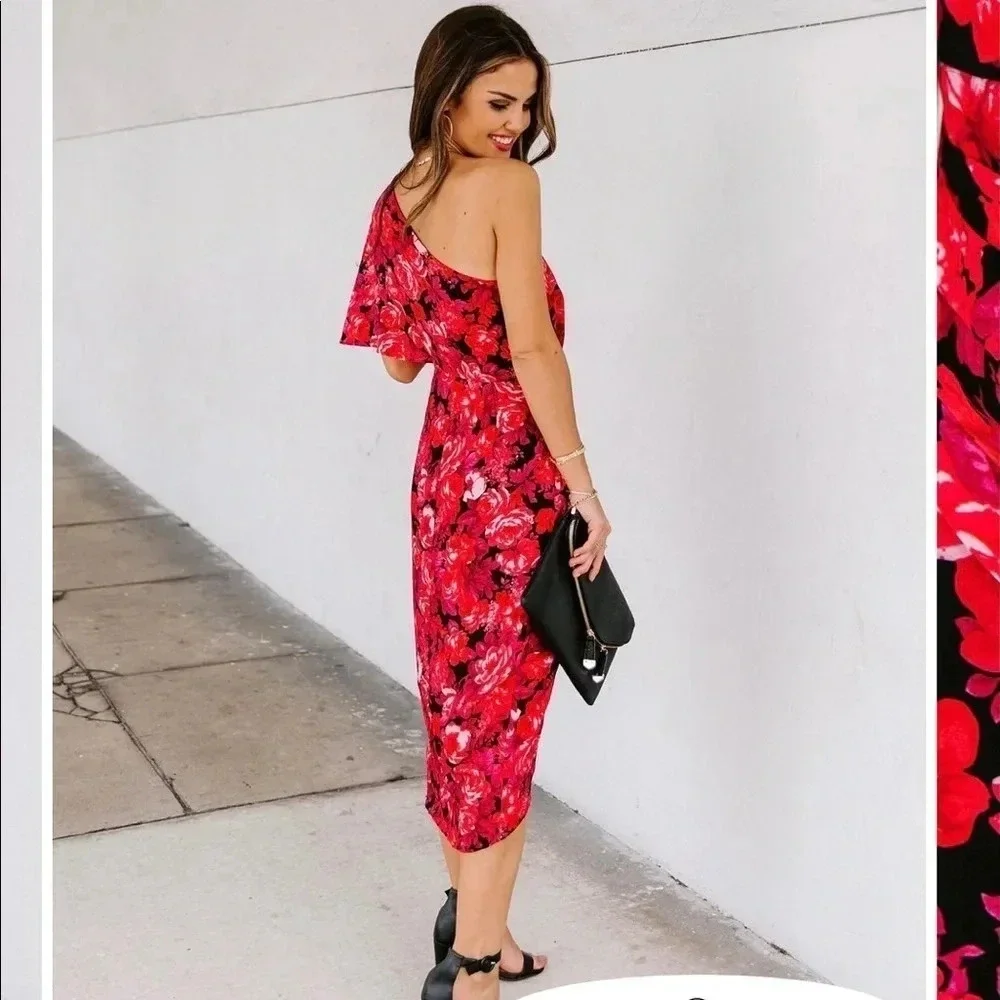 One shoulder floral drape dress - Picture 4 of 7